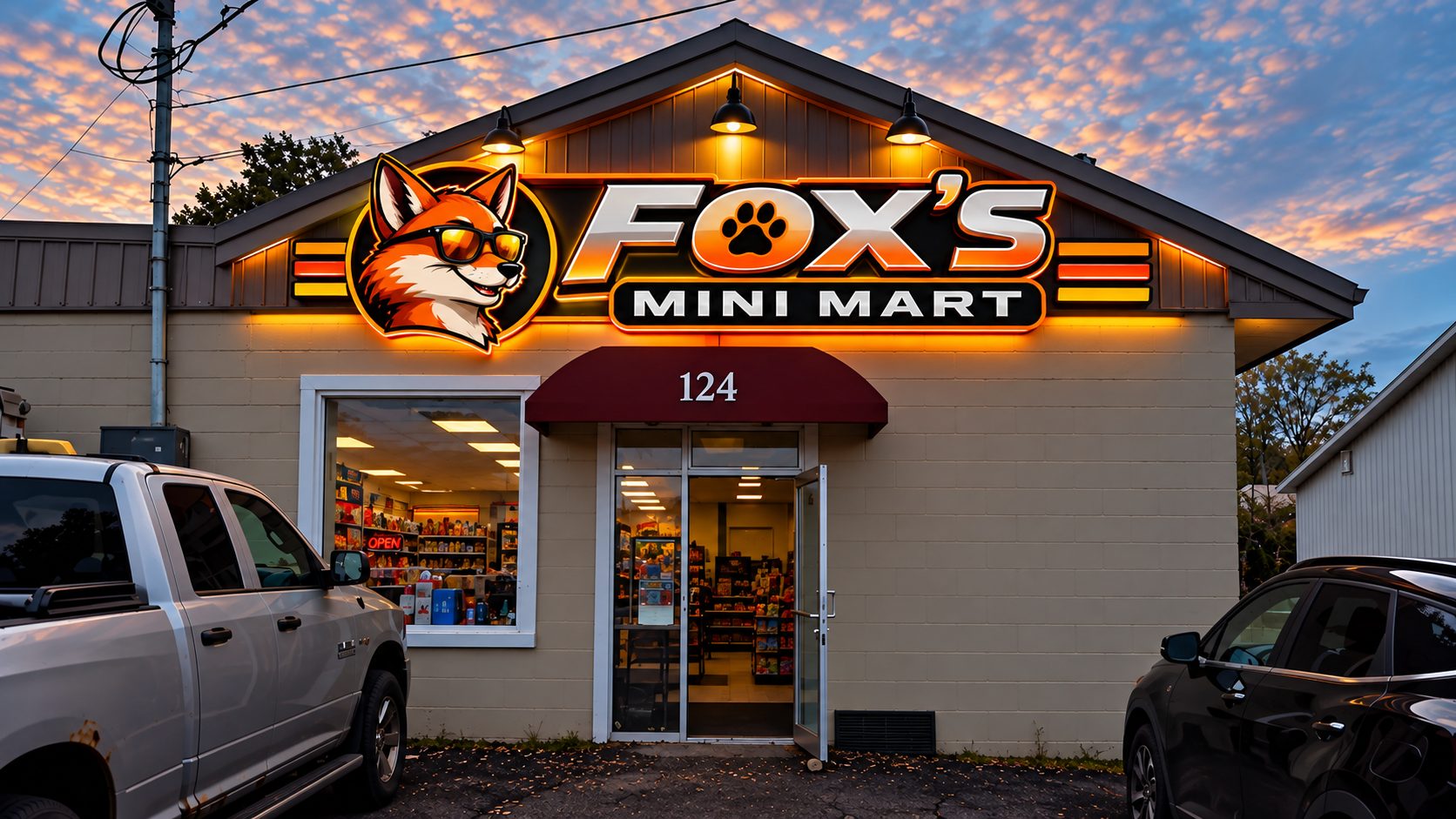 Rendering of the Fox's Mini Mart storefront at dusk, with the lit fox sign, a maroon awning over the door, and the number 124